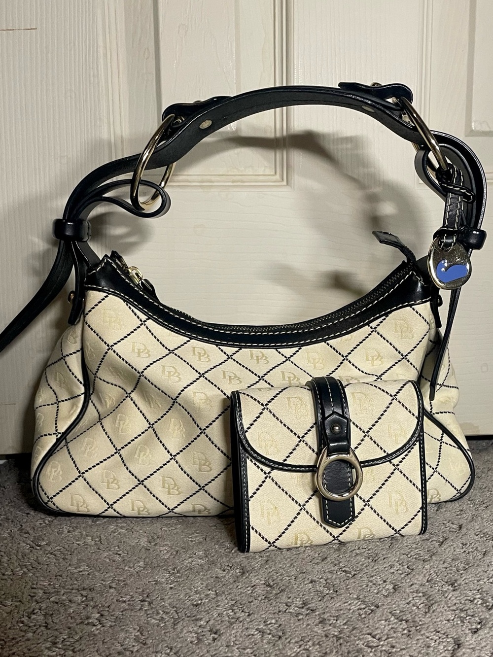 Dooney & Bourke Cream and Black Quilt Medium Shoulder Bag with Matching Wallet